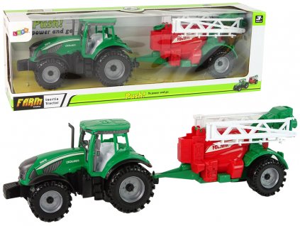 Zelený zemědělský traktor s fricativním pohonem červeného a zeleného postřikovače