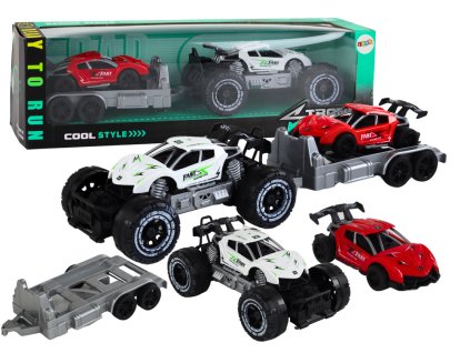Sada: Bílé terénní auto, červený sporťák, odtahovka