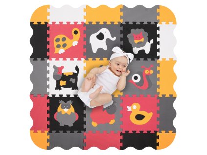 Humbi Mata edukacyjna 120 x 120 cm Kojec Grube Puzzle piankowe 30 x 30 cm Zwierzęta Zwierzątka Kolor biały szary czarny różowy pomarańczowy kolorowy