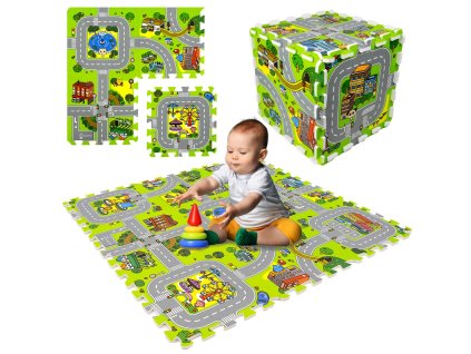 Mata podłogowa edukacyjna 90x90 Grube puzzle piankowe 9 szt. Ulice Miasto Miasteczko Uliczki Budynki Domy Domki