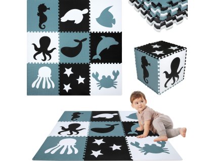 Velká vzdělávací podložka na podlahu 180x180 Tlusté XXL pěnové puzzle 9 ks Humbi Vodní mořští živočichové Oceán