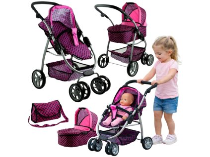 Kočárek 2v1  Alice - Růžová s černými tečkami