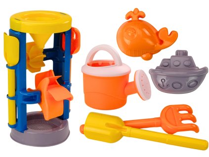 Hračky na písek, velký mlýnek, lopatka, hrabičky, konev, formičky