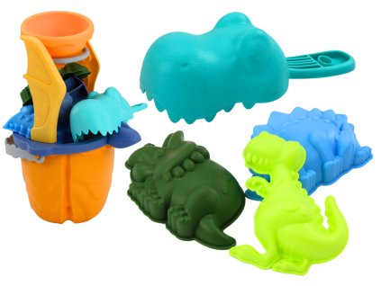 Sada na písek s dinosaury, trychtýř, mlýnek, formičky, špachtle, 7 kusů.
