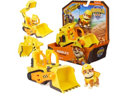 Tlapková patrola Rubble a jeho posádka Rubble&Crew Rubble Excavator Žlutý buldozer Stavební vozidlo s figurkou 6cm