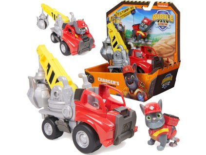Tlapková patrola Rubble a jeho posádka Rubble&Crew Charger Stavební vozidlo Červený jeřáb s figurkou 6cm