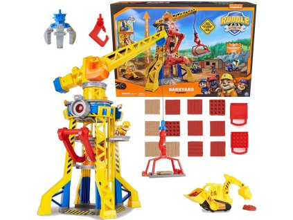 Tlapková patrola Rubble a jeho posádka Rubble&Crew Bark Yard Crane Tower Velký jeřábový set 60 cm Žlutý buldozer s figurkou a kinetickým pískem + příslušenství Zvuk