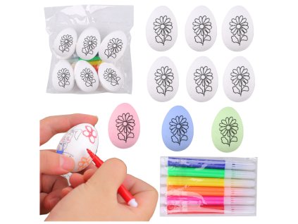 Velikonoční polystyrenová vejce – na malování, fixy, květinový vzor D, 6 ks