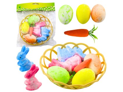 Velikonoční dekorace – v košíku, zajíčci, vejce, mrkev, 6 ks