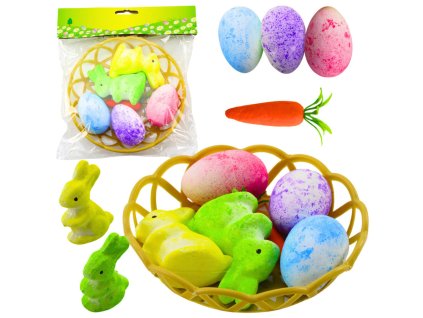 Velikonoční dekorace – v košíku, zajíčci, vejce, mrkev, 6 ks (duplikát)