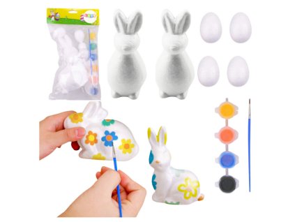 Sada na malování polystyrenových dekorací – 2 zajíčci, 4 vajíčka, barvy