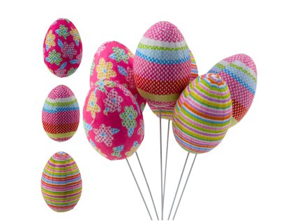 Velikonoční vejce na drátku – puntíky, květiny, pruhy, barevná dekorace, 6 ks