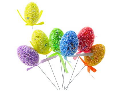 Velikonoční vejce na drátku – barevné vzory, stuha, dekorace, 6 ks A