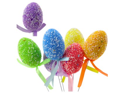 Velikonoční vejce na drátku – barevné vzory, stuha, dekorace, 6 ks B