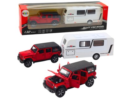 Sada Auto Off-road Karavan Kovový Pohon Světla Zvuky Červený 1:32