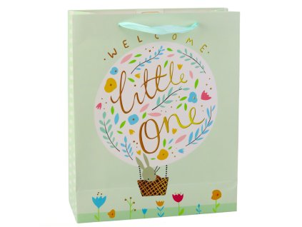 Dárková taška k narození, králíček, květiny, zelená, 32 x 26 x 12 cm