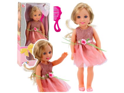 Panenka v šatech s mašlí, dlouhé vlasy, růžová, hřeben, 38 cm