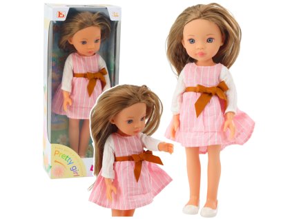 Panenka v růžových šatech s mašlí, dlouhé hnědé vlasy