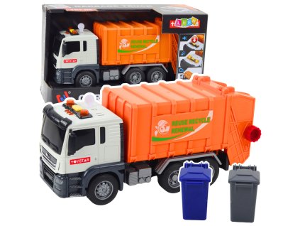 Popelářské auto – kontejnery, světla, zvuky, oranžové, 1:14