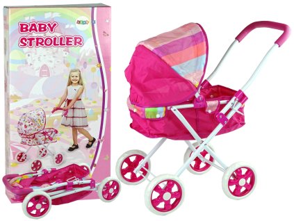 Růžový kočárek pro panenky s barevným baldachýnem 66 cm