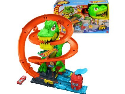 Hot Wheels City Hasičská Stanice T-Rexa zakroucená autodráha T-Rex Blaze Battle + vozidlo