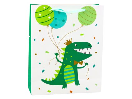 Dárková taška dinosaurus s balónky bílá zelená 32 x 26 x 10 cm