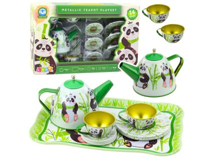 Čajová sada kovová konvice, hrníček, talířky panda zelená 14 ks