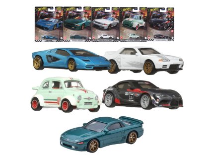 Hot Wheels Boulevard Sada 5 autíček Fiat 500 D Modificado, Nissan Skyline GT-R, Mitsubishi 3000GT VR-4, Lamborghini Countach a 2021 Toyota GR Supra