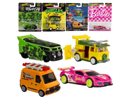 Hot Wheels Premium Pop Culture Sada 4 aut Želvy Ninja Party Wagon a Volkswagen Drag Bus, Super Mario Bros Plumber Van, Barbie Corvette