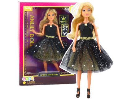 Anlily Panenka Plesové Šaty Černé a Zlaté Pohyblivé Končetiny Blond Vlasy