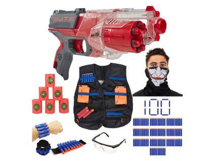 Nerf N-Strike Elite Disruptor Červený F2694 Mega Sada Vesta + 100 šipek + cíle + páska + bandana + brýle