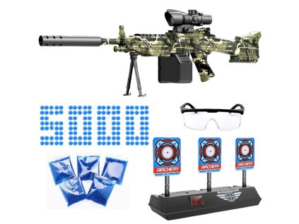 Automatická Gelová Puška maskáčová se čtvercovým zásobníkem M249 + brýle + elektronický terč