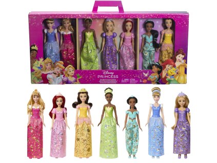 Sada panenek Disney Princezny 7 hrdinek v třpytivých šatech Ariel, Locika, Aurora, Popelka, Bella, Jasmína, Tiana