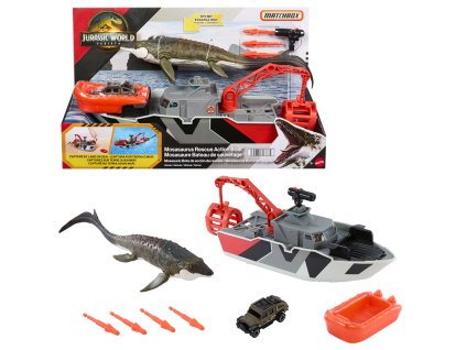Sada Matchbox Jurassic World Mosasaurus a záchranný člun