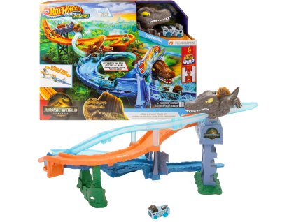 Hot Wheels Racerverse Jurassic World Crash & Splash Mořský Dinohon autodráha + vozidlo