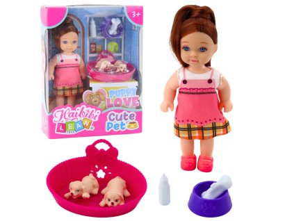 Mini panenka set se dvěma štěňaty, postelí, miskou a lahví