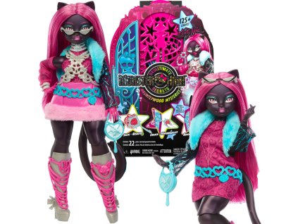Monster High Sada Panenka Catty Noir 28 cm + překvapivé doplňky Strašidelná škola
