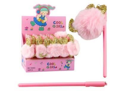 Gelové pero s růžovým bambulkou na víčku a modrou náplní 17 cm 0,5 mm