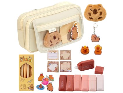 Dvoukapsové školní pouzdro s kapsami a doplňky Kapybara 21x12 cm