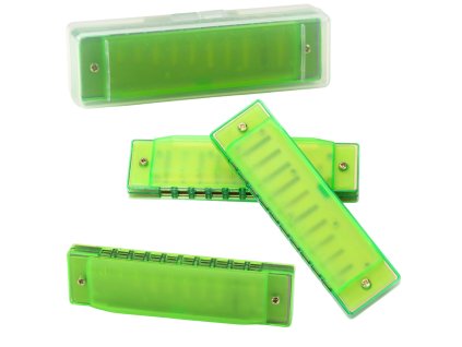 Foukací harmonika pro začátečníky 10 děr, zelené pouzdro