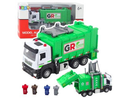 Popelářský vůz s motorem 4 popelnice Světla Zvuky Zelený
