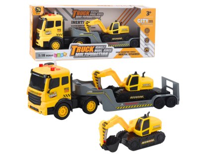 Odtažný nákladní vůz s pásovým bagrem Rotace 360° Žlutý 1:16