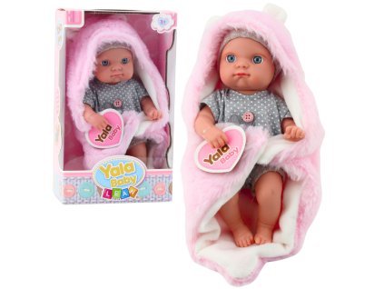 Panenka miminko v šedém pyžamu s růžovou králičí dekou, 23 cm