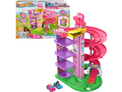 Barbie Velká závodní dráha s výtahem Hot Wheels Raceverse + 2 autíčka 47 Cm