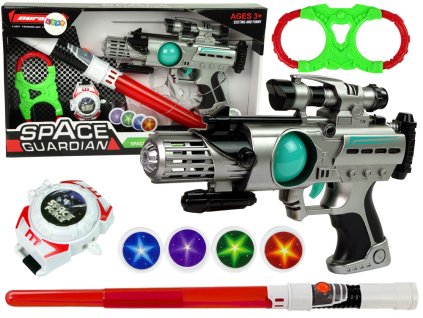 Sada Space Warrior Laser Gun Světelný meč Pouta Vrhač disků