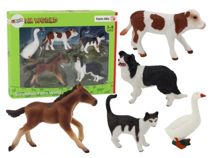 Sada figurek venkovských zvířat 5 kusů Kůň Kravička Kočka Husa Pes
