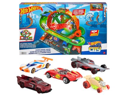 Hot Wheels Městská sada – Obří ruské kolo se světlem a zvukem HKX46 + 5-pack Let's Race JDR20