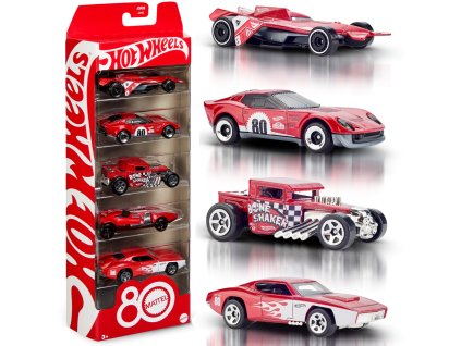 Hot Wheels Mattel sada 5 rubínově červených klasik k 80. výročí Mattel