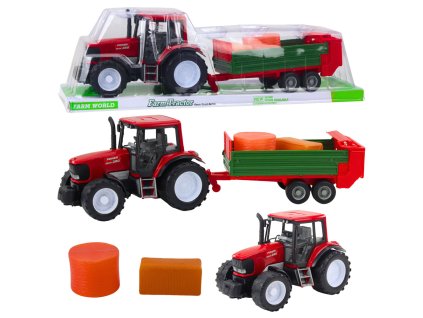 Zemědělský traktor se zeleným přívěsem a senem, červený 62 cm