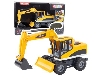 Stavební bagr nakladač – otočná kabina, pohyblivá lžíce, světla, zvuky